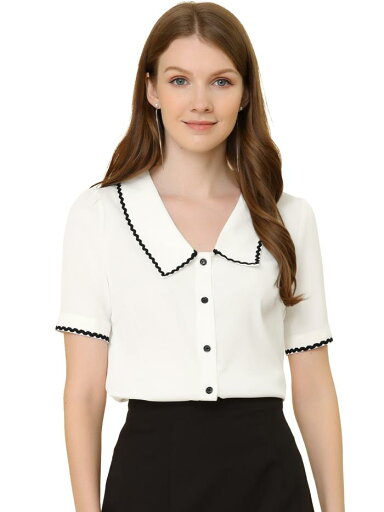 Allegra K ブラウス レディース 半袖 シフォンブラウス 折り襟 ボタン シャツ オフィス カジュアル トップス 着痩せ おしゃれ 通勤 OL ホワイト XS Allegra K ブラウス レディース 半袖 シフォンブラウス 折り襟 ボタン シャツ オフィス カジュアル トップス 着痩せ おしゃれ 通勤 OL ホワイト XS