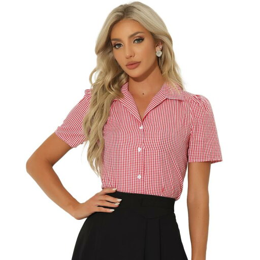 Allegra K ギンガム ブラウス チェック柄シャツ パフスリーブ ヴィンテージ サマー Vネック 可愛い トップス レディース レッド XL Allegra K ギンガム ブラウス チェック柄シャツ パフスリーブ ヴィンテージ サマー Vネック 可愛い トップス レディース レッド XL