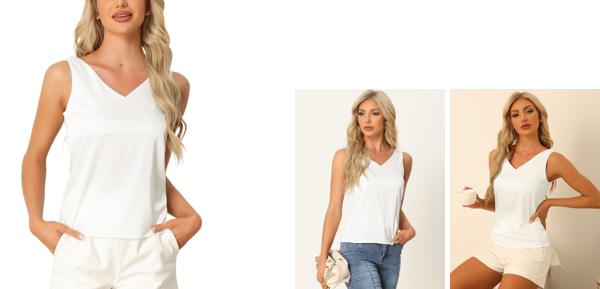 cheibear レディースサテンタンクトップシルキーカジュアルベーシックVネックノースリーブブラウス ホワイト XS