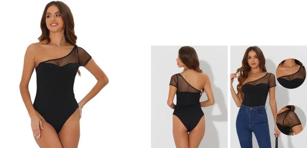 Allegra K ボディスーツ ワンショルダー ノースリーブ ボディスーツ シアー メッシュ スリーブ スキニー レディース ブラック XS