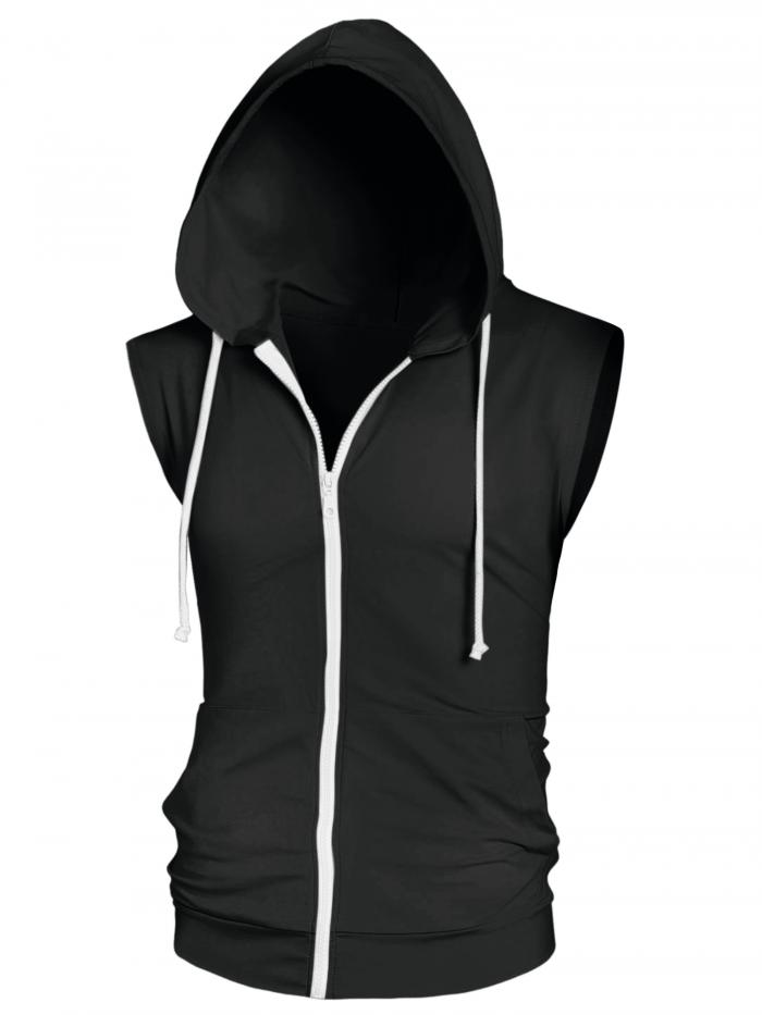 Lars Amadeus スウェットシャツ ベスト ノースリーブ パーカー トレーナー ジッパー ドローストリング フード付き メンズ ブラック XL