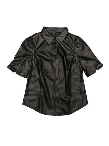 Allegra K レディース フェイクレザー シャツ ボタンダウン パフスリーブ PU ジャケット ブラウス ブラック XL Allegra K レディース フェイクレザー シャツ ボタンダウン パフスリーブ PU ジャケット ブラウス ブラック XL