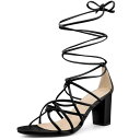 Allegra K レディース オープントゥ ノット ストラップ レースアップ チャンキーヒール サンダル ブラック 24.5(4)