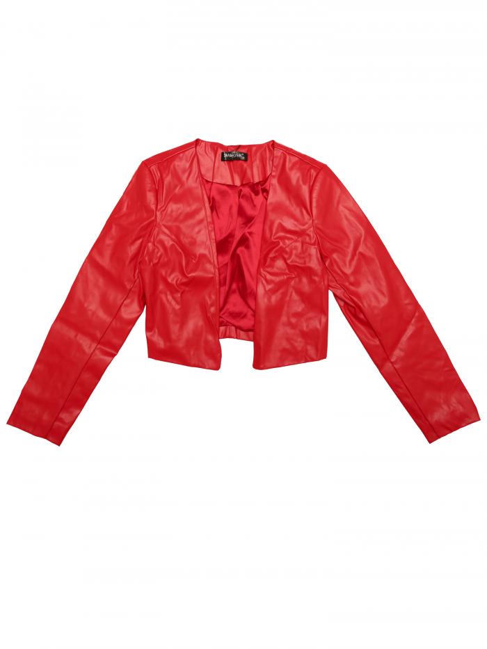 Allegra K クロップド ジャケット 長袖 コート オープンフロント フェイク PU レザー レディース レッド XL