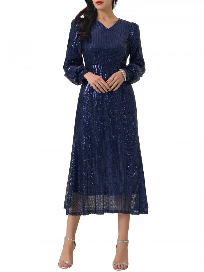 WOMLAYOUT レディース スパンコール シャイニングドレス 長袖 Vネック パーティー ミディドレス ブルー XL