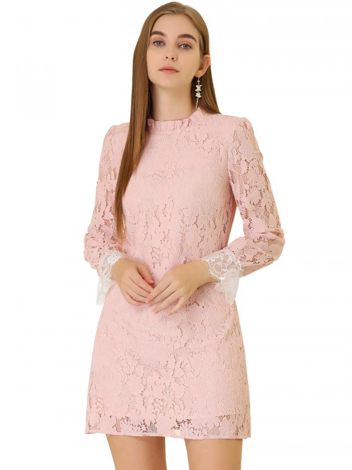 Allegra K 花柄 レース ワンピース かぎ針編み シースルー ミニ丈 クルーネック 長袖 レディース ピンク S