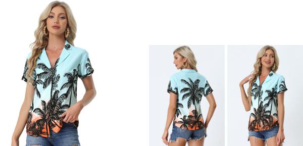 Allegra K 花柄 ハワイアンシャツ 襟付き トップス ブラウス 半袖 ボタンダウン ビーチ レディース ブルー ココナッツ XL