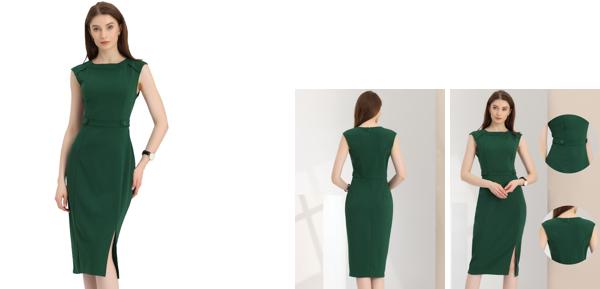 Allegra K ペンシルワンピース シースドレス ラウンドネック ワーク スリムフィット ノースリーブ レディース ダークグリーン M