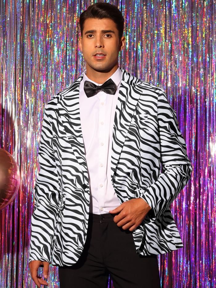 Lars Amadeus ブレザー コート 長袖ジャケット アニマル プリント パーティー ステージ衣装 コスプレ メンズ ブラックホワイト M