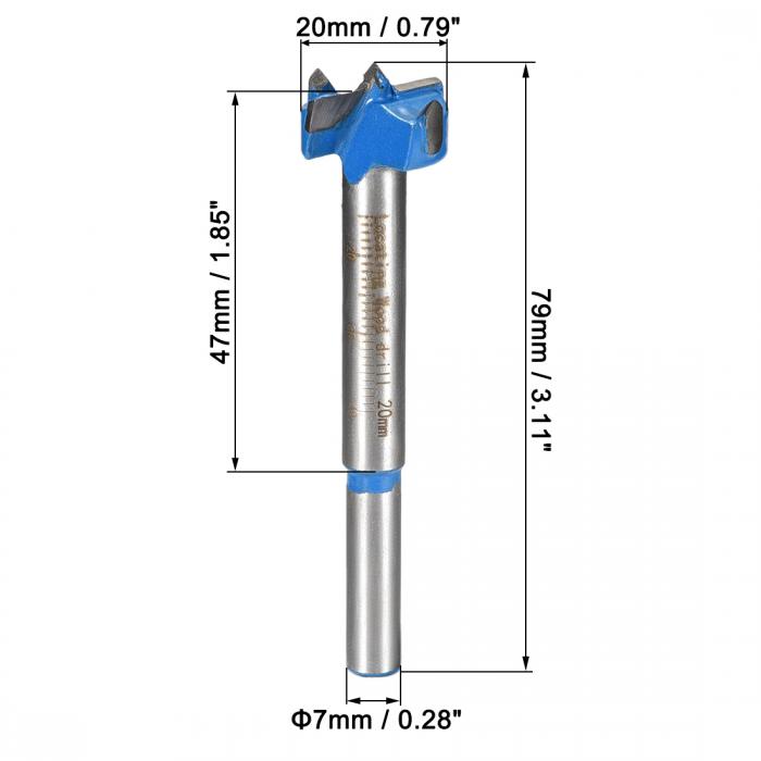 フォストナードリルビット ソリッドホールソー ホールカッター 炭化物合金鋼チップ ラウンドシャンク 蝶番合板木製工具用 20mm直径 ブルー 1セット入り 3