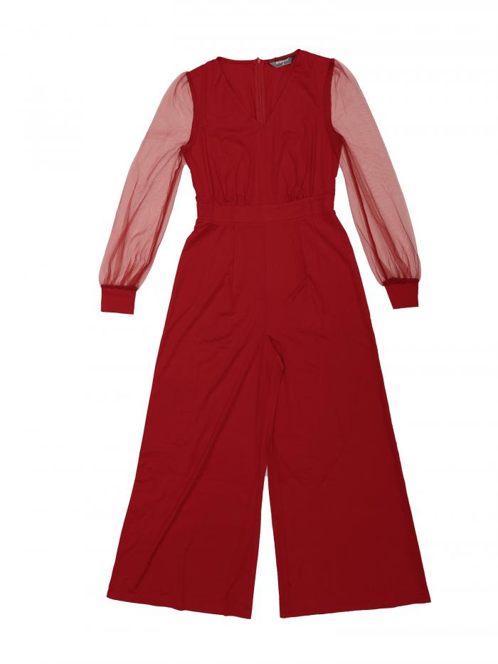 Allegra K ジャンプスーツ ワイドレッグ ロンパース エレガント V ネック メッシュ長袖 ルーズ パーティー レディース レッド M