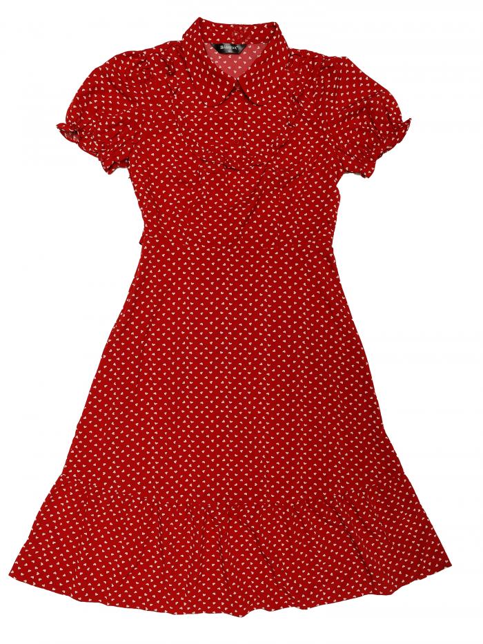 Allegra K ハートプリントドレス レディース ラペルカラー パフ 半袖 ヴィンテージ フリルドレス レッド XL