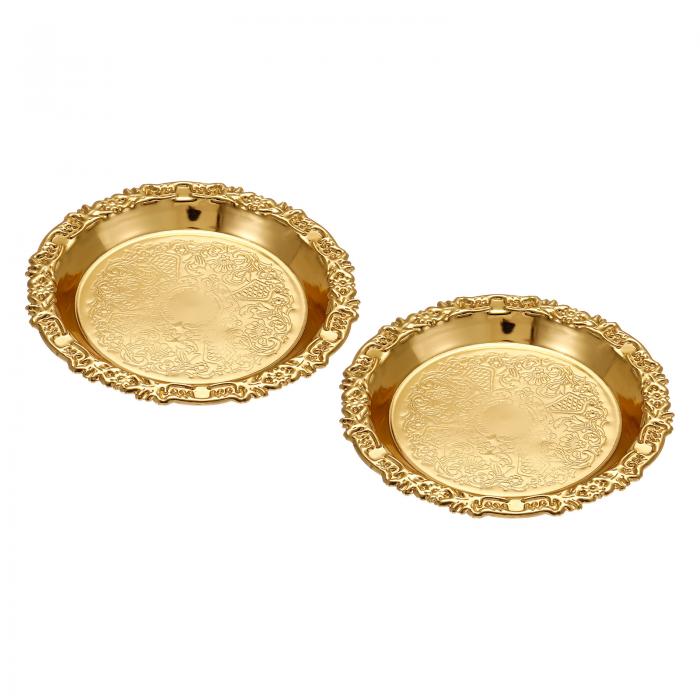 PATIKIL ビンテージトリンケットトレイ 2個 金属 ラウンド 小物収納ホルダーディッシュプレート フローラルエッジング付き 香水キャンドル用 ゴールドトーン