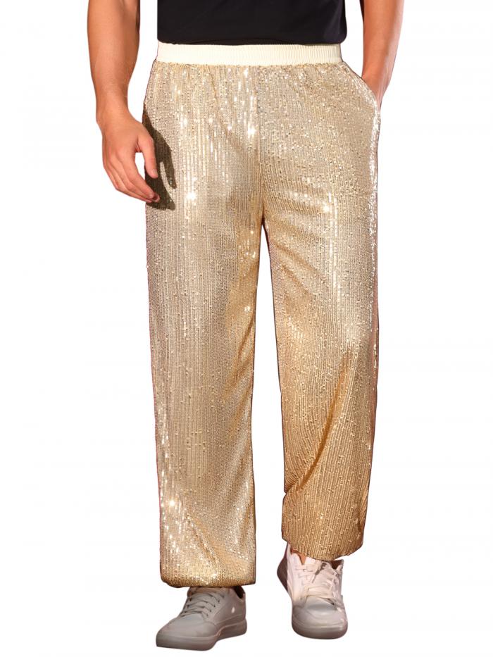 Lars Amadeus メンズ スパンコールパンツ 伸縮性ウエスト 70年代 ディスコ コスチューム ナイトクラブ メタリック 光沢 パーティー パンツ 金色 S
