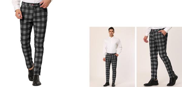 Lars Amadeus チェック柄パンツ カジュアル スリム フラットフロント スキニー チェックパンツ メンズ ブラック 2XL