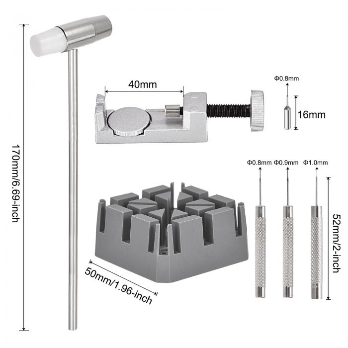 時計リンクリムーバーツールセット 時計バンドリンクピンリムーバー ハンマーパンチピン ストラップホルダー付き 時計修理用 グレー