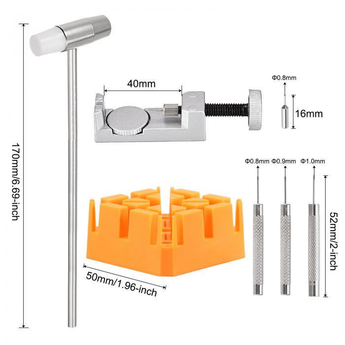 時計リンクリムーバーツールセット 時計バンドリンクピンリムーバー ハンマーパンチピン 時計修理用 ストラップホルダー付き オレンジ 3