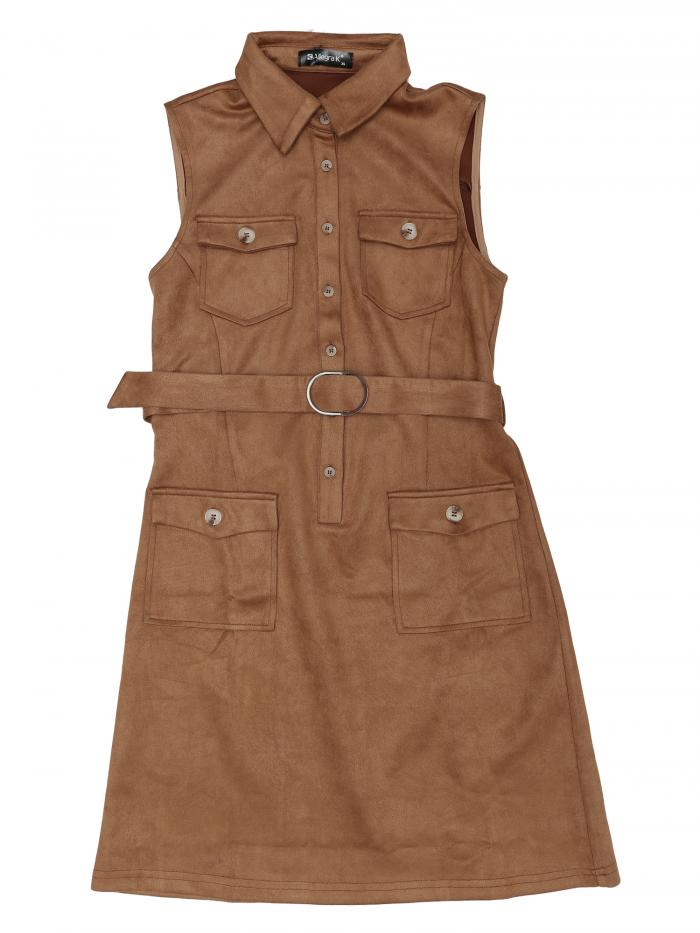 Allegra K ミニドレス タイウエストワンピース ノースリーブ フェイクスエード ターンダウンカラー ボタン レディース ブラウン M