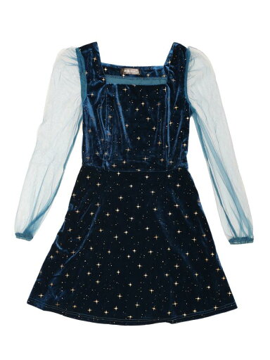 Allegra K ミニワンピース 星柄 メッシュシアー パフ長袖 スクエアネック ベルベット シャイニー ショート丈 レディース ダークブルー XL Allegra K ミニワンピース 星柄 メッシュシアー パフ長袖 スクエアネック ベルベット シャイニー ショート丈 レディース ダークブルー XL