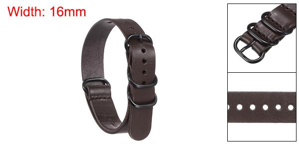 本革腕時計バンド 16mm クイックリリース ソフト交換用腕時計ストラップ 黒 ステンレススチール メタル 5リングバックル メンズ レディース ダーク茶色