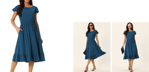 Seta T ドレス 無地 ポケット付き シャーリングウェスト フラッター半袖 クルーネック フリル裾 ミディドレス レディース ブルー XL