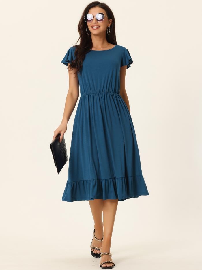 Seta T ドレス 無地 ポケット付き シャーリングウェスト フラッター半袖 クルーネック フリル裾 ミディドレス レディース ブルー XL