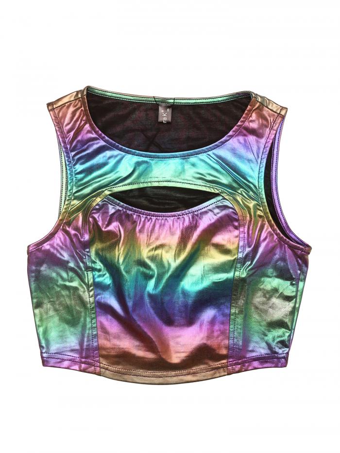 Allegra K タンクトップ クロップトップ 光沢 メタリック ノースリーブ カットアウト パーティー レデ..