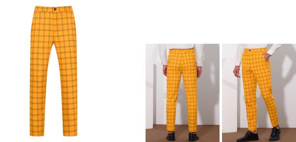Lars Amadeus チェック柄パンツ フラットフロント スキニー ロングパンツ ドレスパンツ メンズ イエロー 38