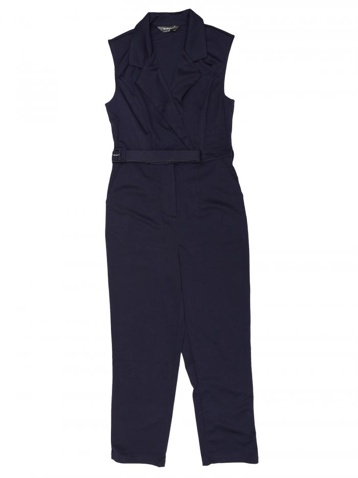 Allegra K レディース ジャンプスーツ セットアップ ノースリーブ ロングパンツ ワイドレッグ ベルト付き 無地 Vネック ダークブルー S