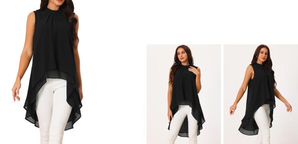 Seta T レディース カジュアル タイバック 非対称 ハイロー ノースリーブ モックネックブラウス トップス ブラック L