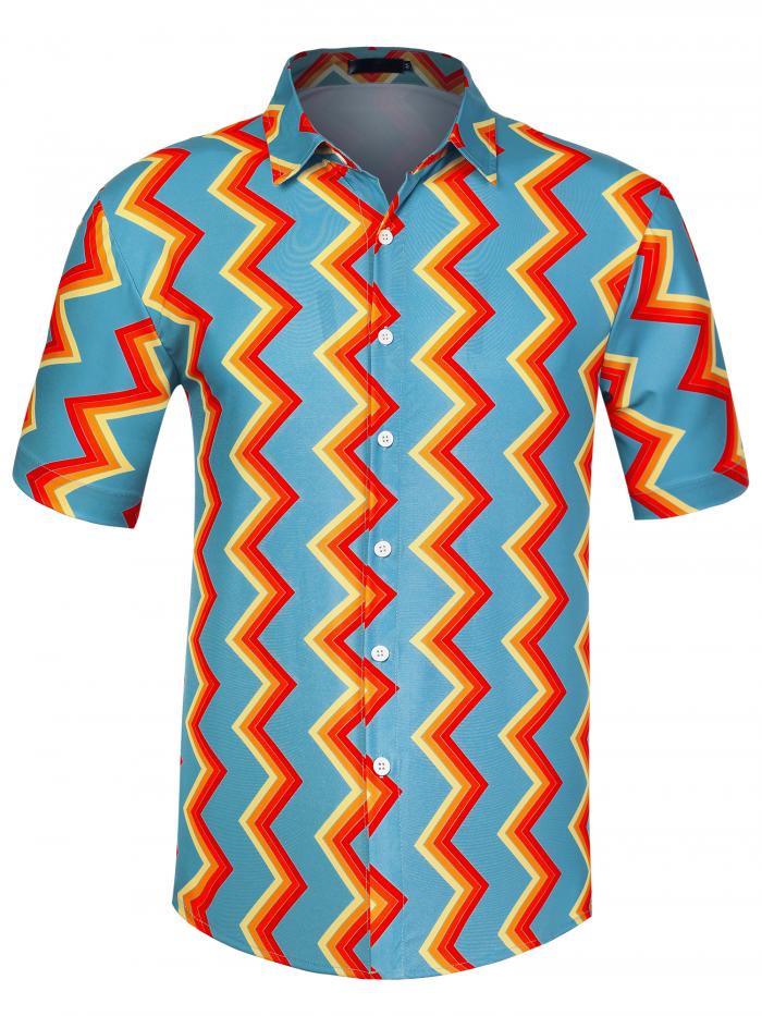 Lars Amadeus プリントシャツ サマー ストライプ 半袖トップス ボタンダウン 不規則 リップル ウェーブ..