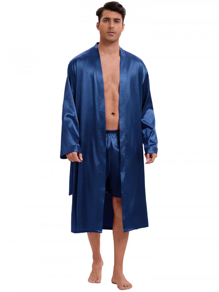 Lars Amadeus 男性用 サテンローブ ナイトウェア 長袖 着物 バスローブ ショートパンツ付きパジャマセット ネイビー L