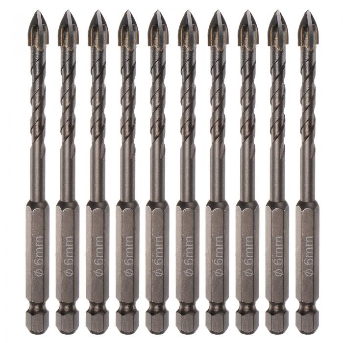 チタニウムコートドリルビットセット セラミック タイル用 ミラー グラス ブリック プラスチック用 6mm六角シャンク 6mmコンクリートビット 10本入