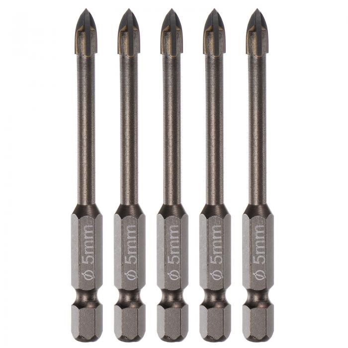 チタニウムコートドリルビットセット セラミック タイル用 ミラー グラス ブリック プラスチック用 6mm六角シャンク 5mmコンクリートビット 5本