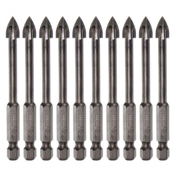 チタニウムコートドリルビットセット セラミック タイル用 ミラー グラス ブリック プラスチック用 6mm六角シャンク 7mmコンクリートビット 10本