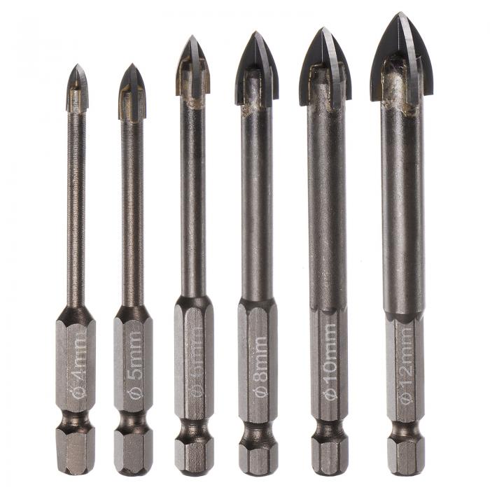 チタニウムコートドリルビットセット セラミック タイル用 ミラー グラス ブリック プラスチック用 6mm六角シャンク 4mm-12mmコンクリートビット 6本