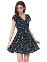 ワンピース 花柄 ミニドレス Vネック 花びらの袖 ベルト付き レディース ブルー XS