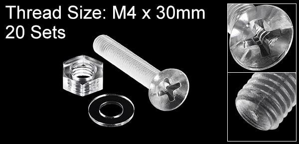M4 x 30mm プラス小ネジ ナット ナットと平ワッシャー付き プラスチック PC皿頭小ボルト 透明 20セット 2