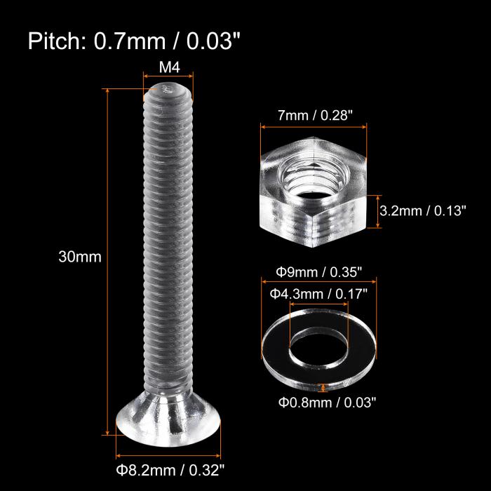 M4 x 30mm プラス小ネジ ナット ナットと平ワッシャー付き プラスチック PC皿頭小ボルト 透明 20セット 3