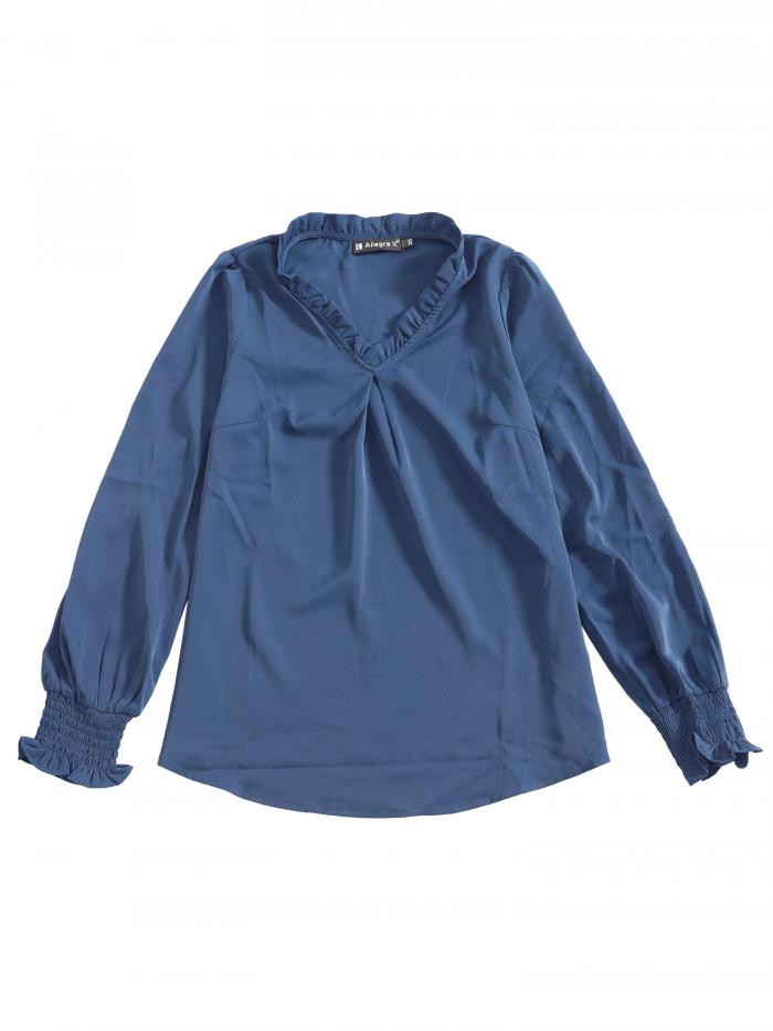 Allegra K フリルVネック ラウンドヘム ブラウス 長袖 トップス レディース ブルー L(4)