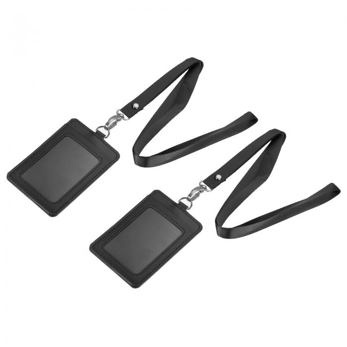 バッジホルダー 縦 PU IDカードホルダー リベット取り外し可能ネックストラップ付き ブラック 11x7.4 cm 2個