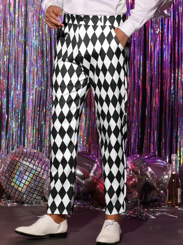 Lars Amadeus アーガイル柄パンツ レギュラーフィット フラットフロント パーティー プロム ドレスパンツ メンズ ブラックホワイト 36