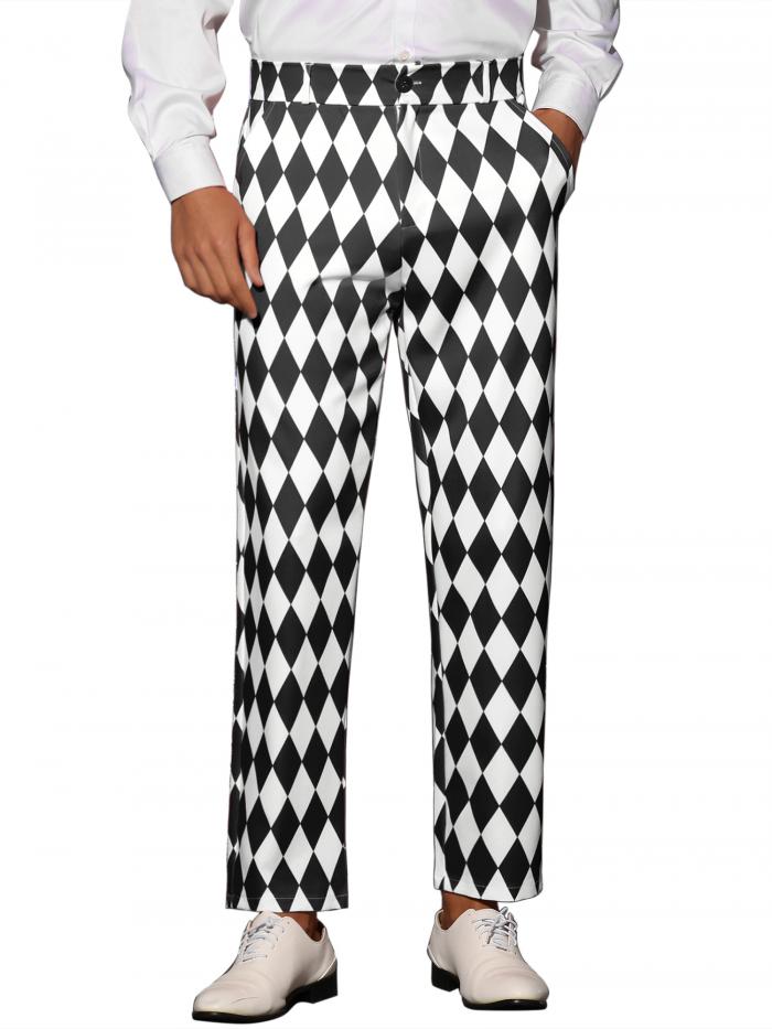 Lars Amadeus アーガイル柄パンツ レギュラーフィット フラットフロント パーティー プロム ドレスパンツ メンズ ブラックホワイト 36