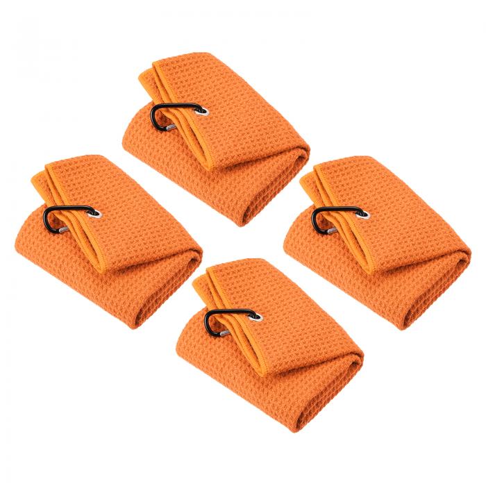 PATIKIL 50 x 40 cm 三つ折りゴルフタオル 4個入り ワッフルパターン タオルソフト ファイバ 強力な吸水力 Dクリップ付き ゴルフ愛好家用 オレンジ