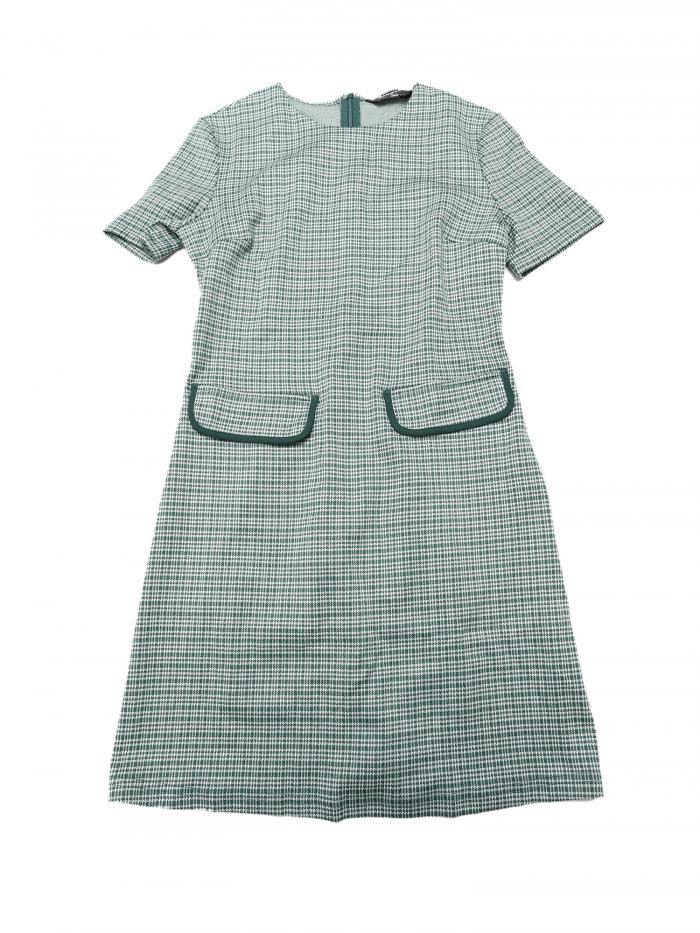 Allegra K チェックワンピース 半袖ドレス ビンテージ 千鳥格子 ラウンドネック 通勤 レディース グリーン S