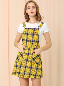ソウテン Allegra K サスペンダースカート サロペット オーバーオール スカート Aライン チェック柄 レディース イエロー M