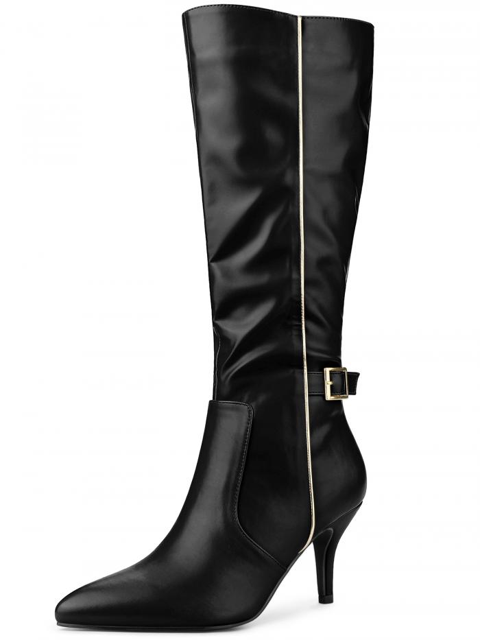 Allegra K ニーハイ ブーツ スティレットヒール ポイテッドトゥ レディース ブラック 25.0