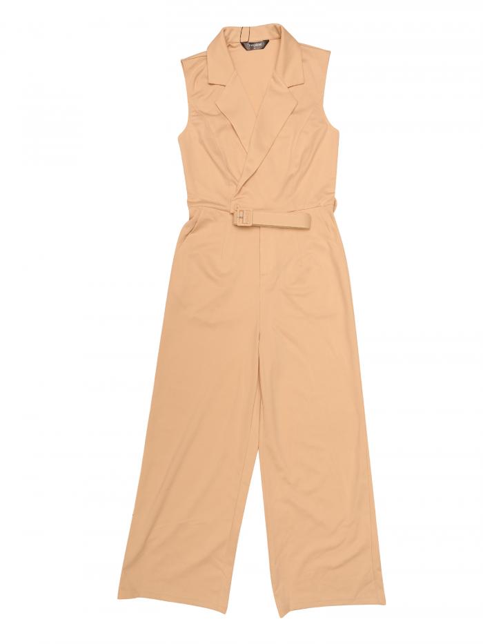 Allegra K レディース ジャンプスーツ セットアップ ノースリーブ ロングパンツ ワイドレッグ ベルト付き 無地 Vネック アプリコット XS