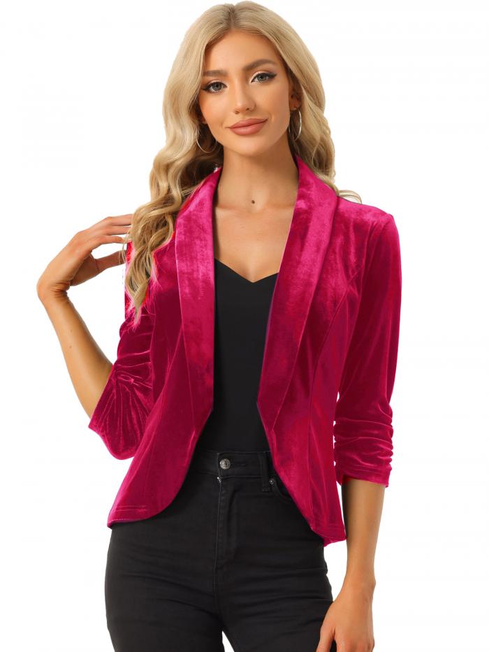 Allegra K カーディガン 襟開き ボレロ 前開き ベルベット レディース ホットピンク XS