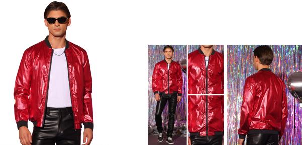 Lars Amadeus 長袖コート ジッパーアップ シャイニー パーティー ボンバー バーシティ メタリック ジャケット メンズ レッド 2XL